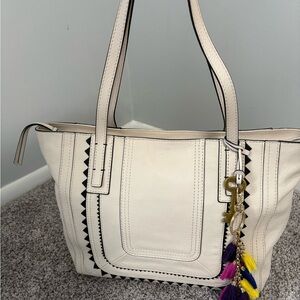 RARE Fossil Emma Leather Tote Vanilla Ivory Black Rick Rack Trim Boho Chic